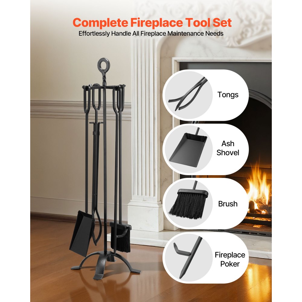 VEVOR Fireplace Tool Set, 5 PCS Fire Tool Set and Holder with Four-Prong Stand, Tongs, Ash Shovel, Brush, Fire Place Poker, Wrought Iron Fireplace Accessories for Campfire Indoor/Outdoor, Black