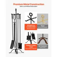 VEVOR Fireplace Tool Set, 5 PCS Fire Tool Set and Holder with Four-Prong Stand, Tongs, Ash Shovel, Brush, Fire Place Poker, Wrought Iron Fireplace Accessories for Campfire Indoor/Outdoor, Black