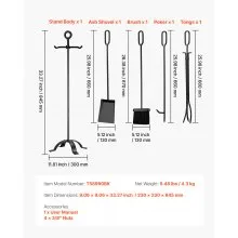 VEVOR Fireplace Tool Set, 5 PCS Fire Tool Set and Holder with Four-Prong Stand, Tongs, Ash Shovel, Brush, Fire Place Poker, Wrought Iron Fireplace Accessories for Campfire Indoor/Outdoor, Black