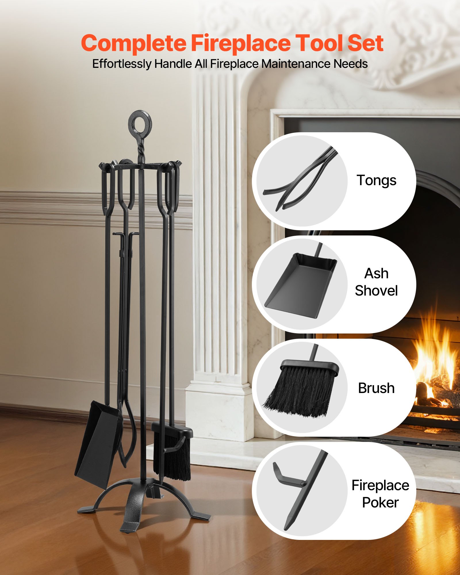 VEVOR Fireplace Tool Set, 5 PCS Fire Tool Set and Holder with Four-Prong Stand, Tongs, Ash Shovel, Brush, Fire Place Poker, Wrought Iron Fireplace Accessories for Campfire Indoor/Outdoor, Black