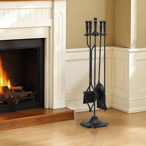 VEVOR Juego De Herramientas Para Chimenea 5 En 1 De Hierro Forjado - Con Soporte, Pinzas, Pala, Cepillo Y Atizador, 81 Cm, Negro, Para Interior Y Exterior