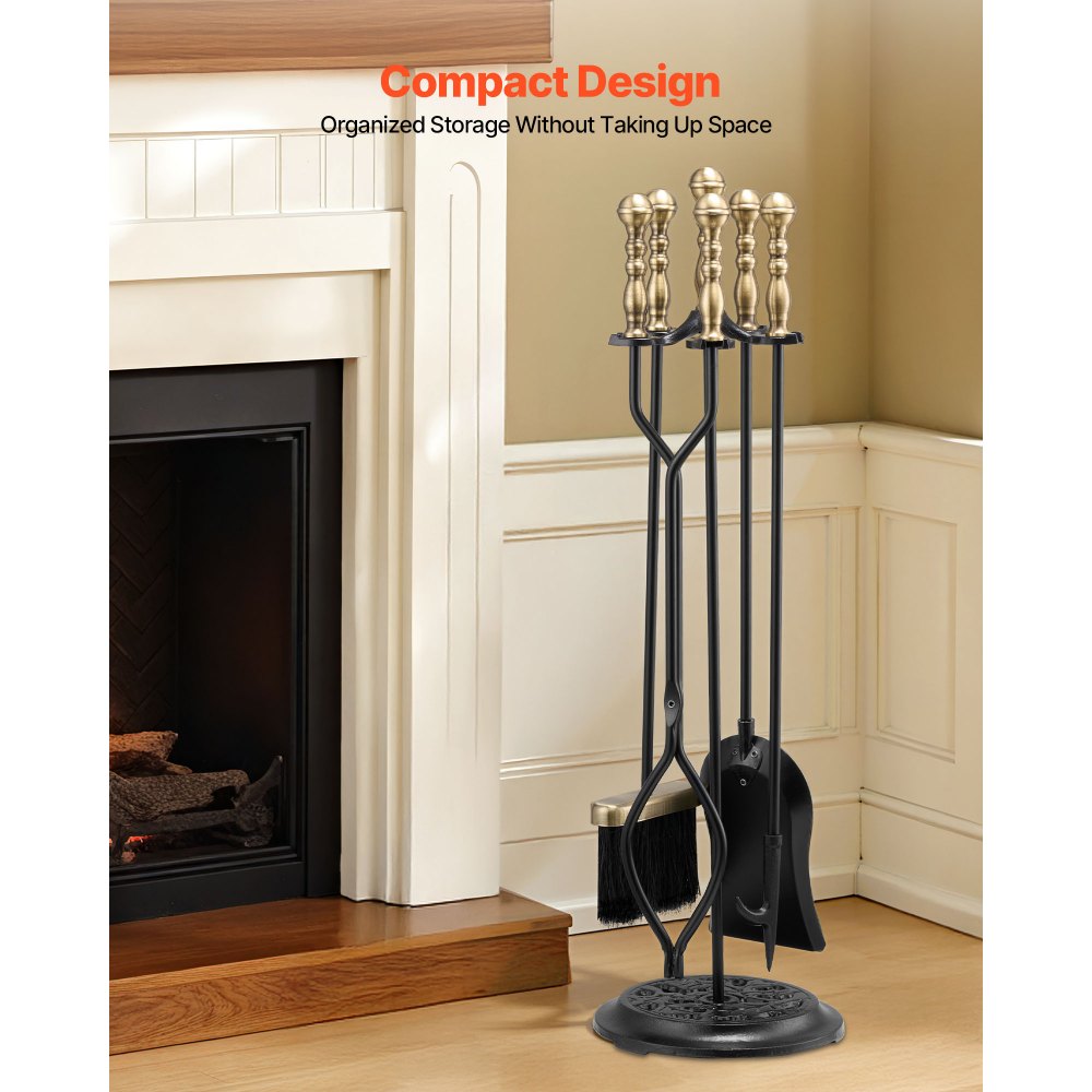 VEVOR Fireplace Tool Set, 5 PCS Fire Tool Set and Holder with Five-Prong Stand, Tongs, Ash Shovel, Brush, Fire Place Poker, Wrought Iron Fireplace Accessories for Indoor/Outdoor, Black & Brass