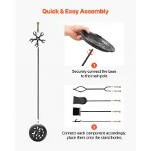 VEVOR Fireplace Tool Set, 5 PCS Fire Tool Set and Holder with Five-Prong Stand, Tongs, Ash Shovel, Brush, Fire Place Poker, Wrought Iron Fireplace Accessories for Indoor/Outdoor, Black & Brass
