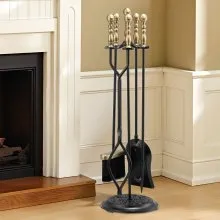 VEVOR Fireplace Tool Set, 5 PCS Fire Tool Set and Holder with Five-Prong Stand, Tongs, Ash Shovel, Brush, Fire Place Poker, Wrought Iron Fireplace Accessories for Indoor/Outdoor, Black & Brass