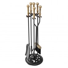 VEVOR Fireplace Tool Set, 5 PCS Fire Tool Set and Holder with Five-Prong Stand, Tongs, Ash Shovel, Brush, Fire Place Poker, Wrought Iron Fireplace Accessories for Indoor/Outdoor, Black & Brass