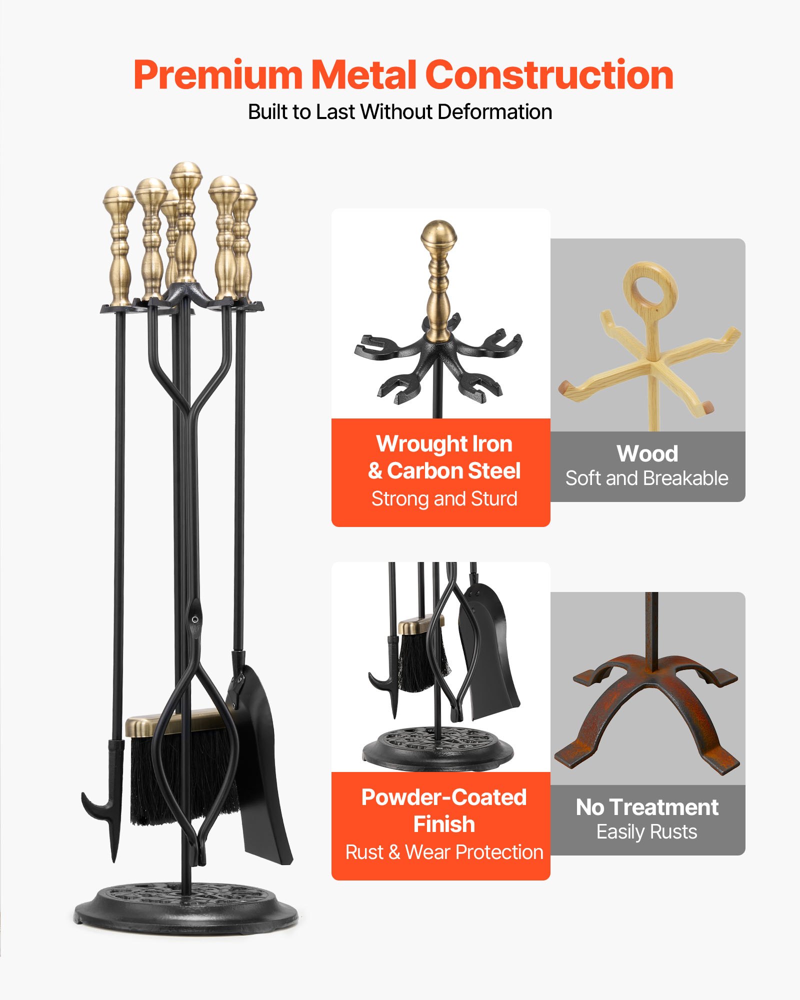 VEVOR Fireplace Tool Set, 5 PCS Fire Tool Set and Holder with Five-Prong Stand, Tongs, Ash Shovel, Brush, Fire Place Poker, Wrought Iron Fireplace Accessories for Indoor/Outdoor, Black & Brass