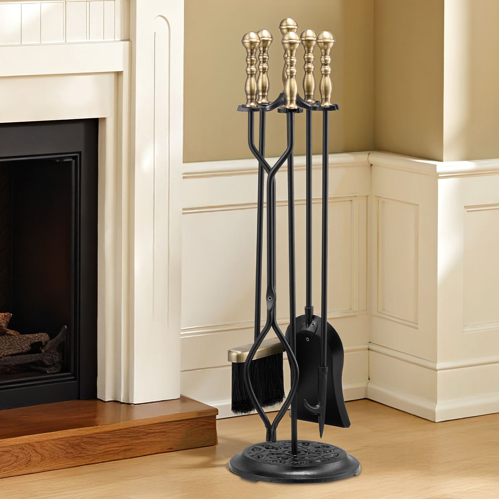VEVOR Fireplace Tool Set, 5 PCS Fire Tool Set and Holder with Five-Prong Stand, Tongs, Ash Shovel, Brush, Fire Place Poker, Wrought Iron Fireplace Accessories for Indoor/Outdoor, Black & Brass