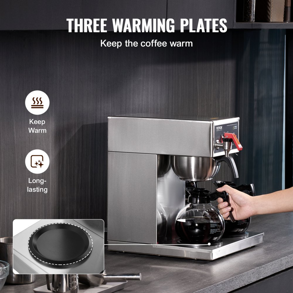 VEVOR 12 Cups Commercial Drip Coffee Maker, Coffee Maker Machine with 3 Glass Carafes and 3 Warmer Plates, Stainless Steel Pour Over Coffee Brewer for Restaurant, Office, Cafe