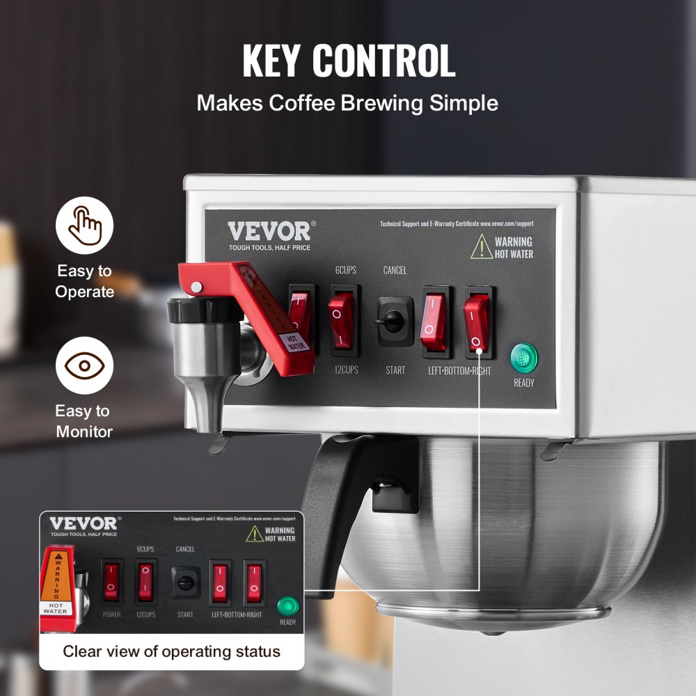 VEVOR 12 Cups Commercial Drip Coffee Maker, Coffee Maker Machine with 3 Glass Carafes and 3 Warmer Plates, Stainless Steel Pour Over Coffee Brewer for Restaurant, Office, Cafe