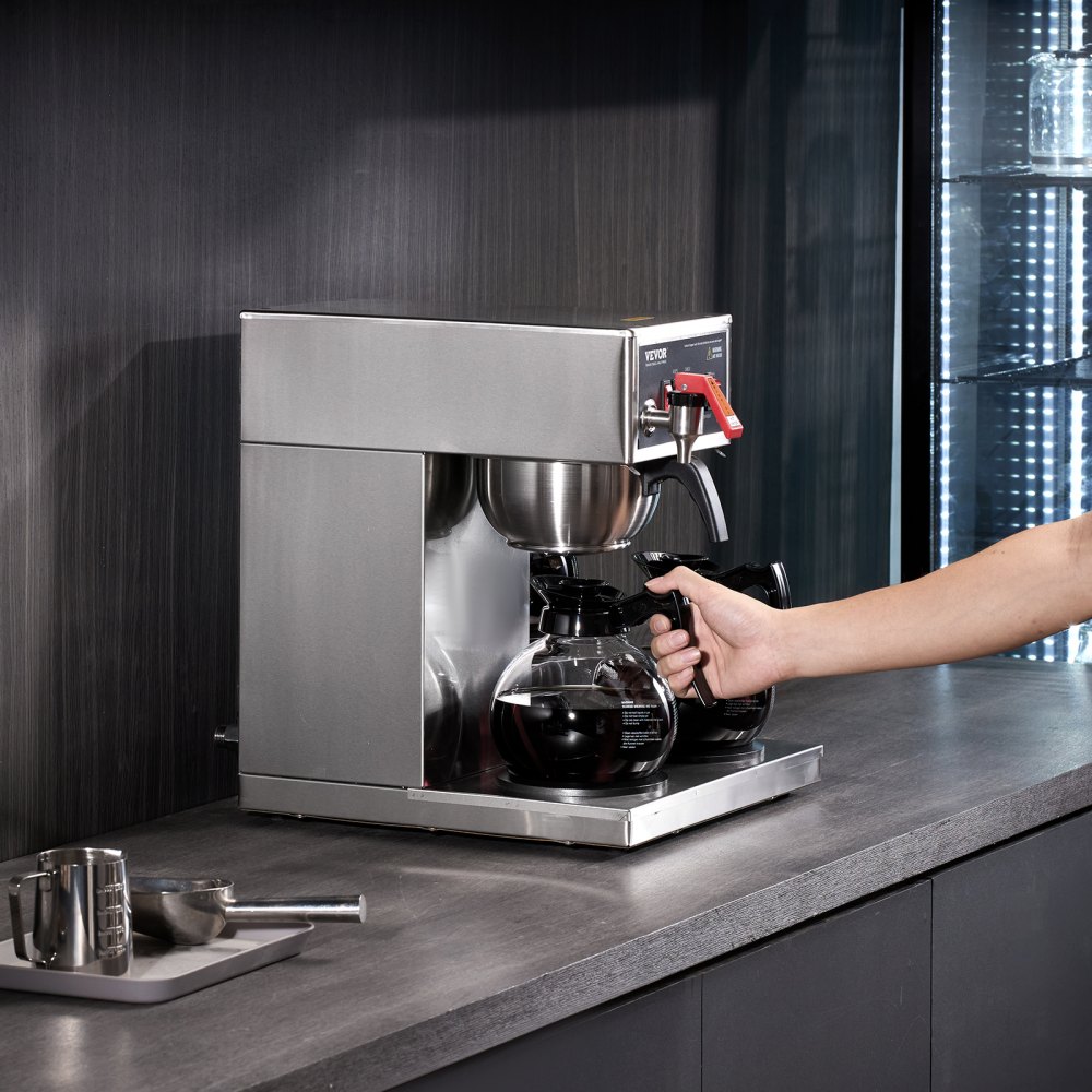 VEVOR 12 Cups Commercial Drip Coffee Maker, Coffee Maker Machine with 3 Glass Carafes and 3 Warmer Plates, Stainless Steel Pour Over Coffee Brewer for Restaurant, Office, Cafe