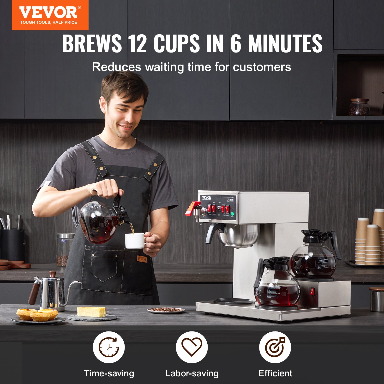 VEVOR 12 Cups Commercial Drip Coffee Maker, Coffee Maker Machine with 3 Glass Carafes and 3 Warmer Plates, Stainless Steel Pour Over Coffee Brewer for Restaurant, Office, Cafe
