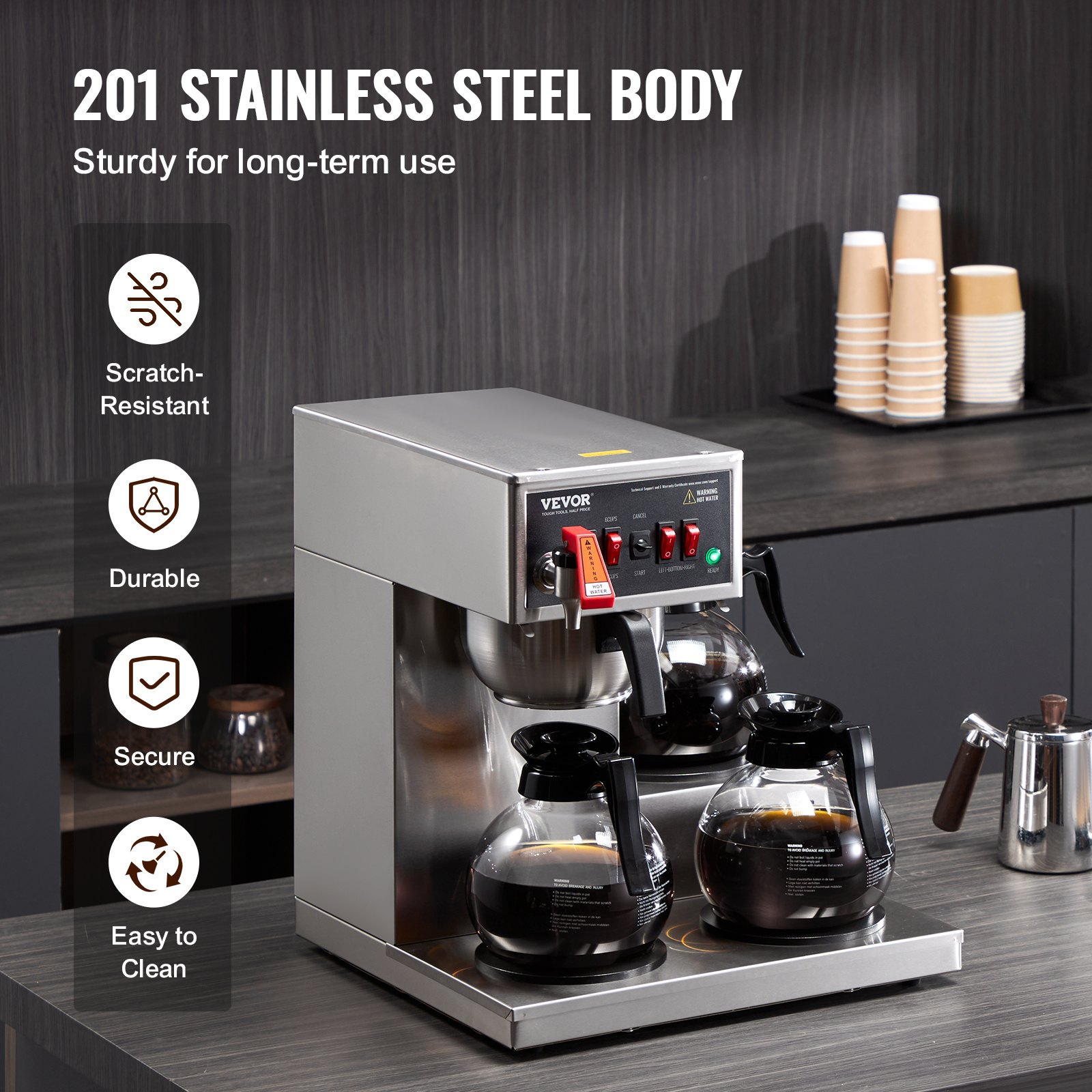 VEVOR 12 Cups Commercial Drip Coffee Maker, Coffee Maker Machine with 3 Glass Carafes and 3 Warmer Plates, Stainless Steel Pour Over Coffee Brewer for Restaurant, Office, Cafe