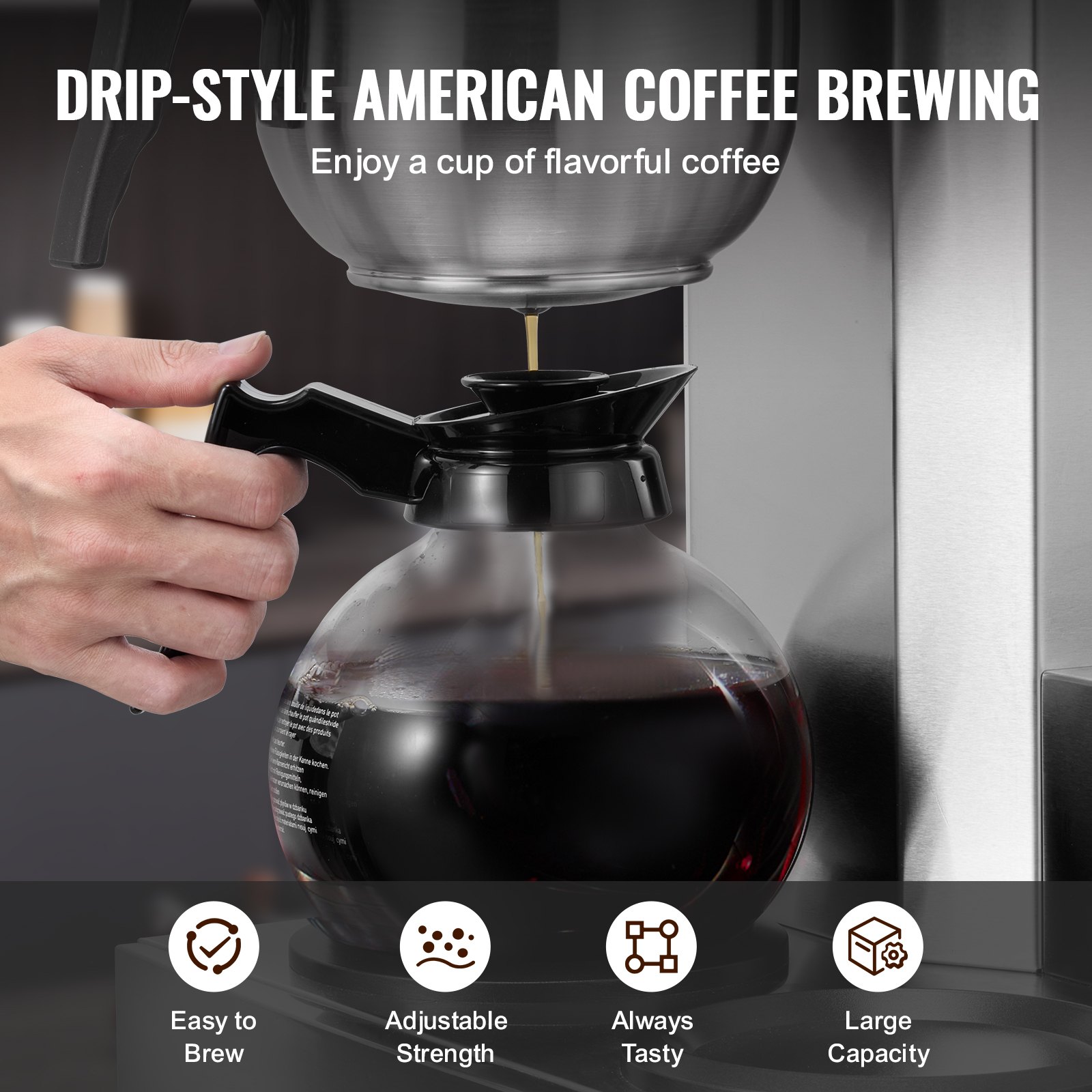 VEVOR 12 Cups Commercial Drip Coffee Maker, Coffee Maker Machine with 3 Glass Carafes and 3 Warmer Plates, Stainless Steel Pour Over Coffee Brewer for Restaurant, Office, Cafe