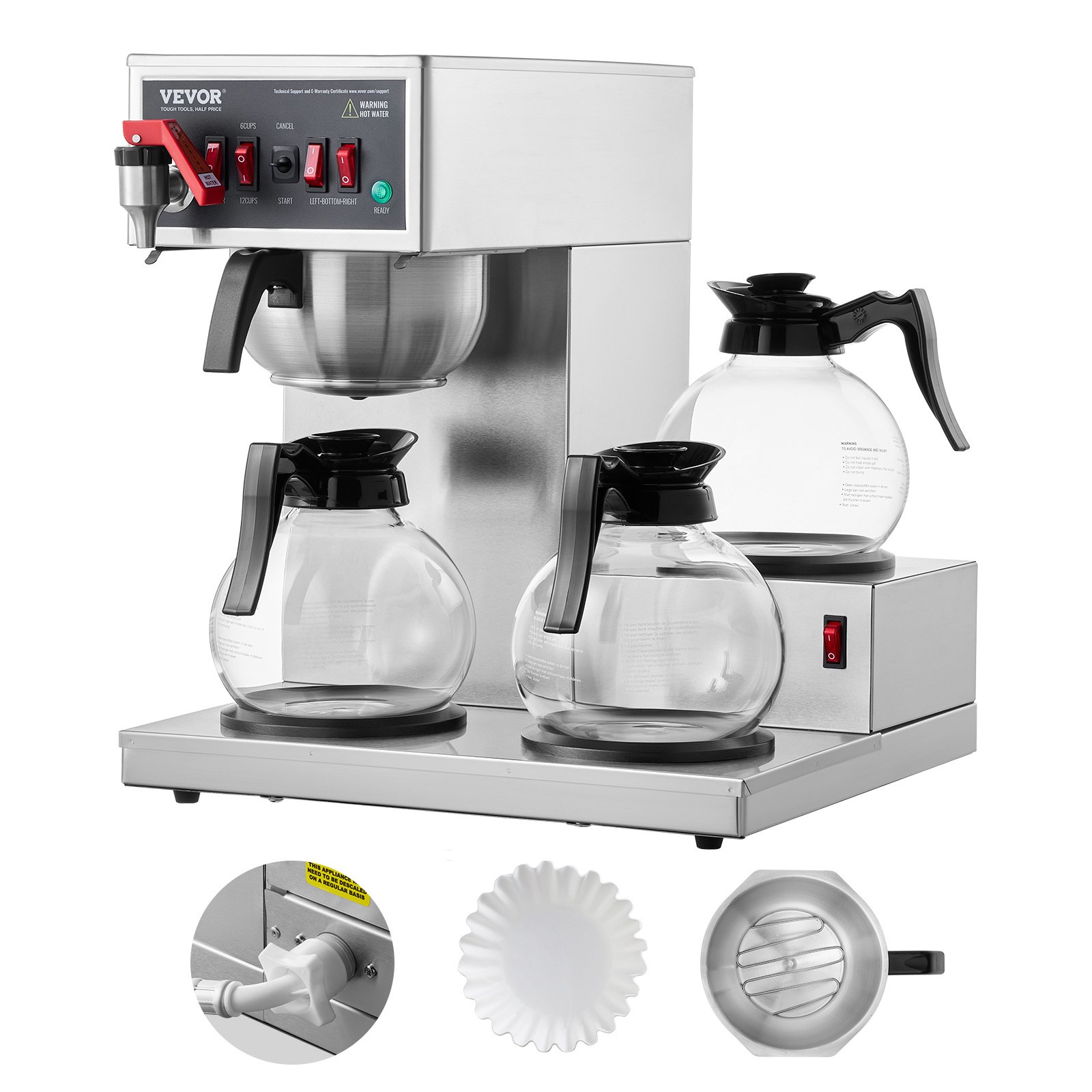 VEVOR 12 Cups Commercial Drip Coffee Maker, Coffee Maker Machine with 3 Glass Carafes and 3 Warmer Plates, Stainless Steel Pour Over Coffee Brewer for Restaurant, Office, Cafe