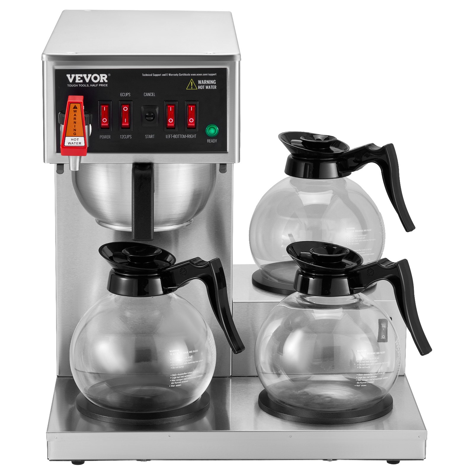 VEVOR 12 Cups Commercial Drip Coffee Maker, Coffee Maker Machine with 3 Glass Carafes and 3 Warmer Plates, Stainless Steel Pour Over Coffee Brewer for Restaurant, Office, Cafe