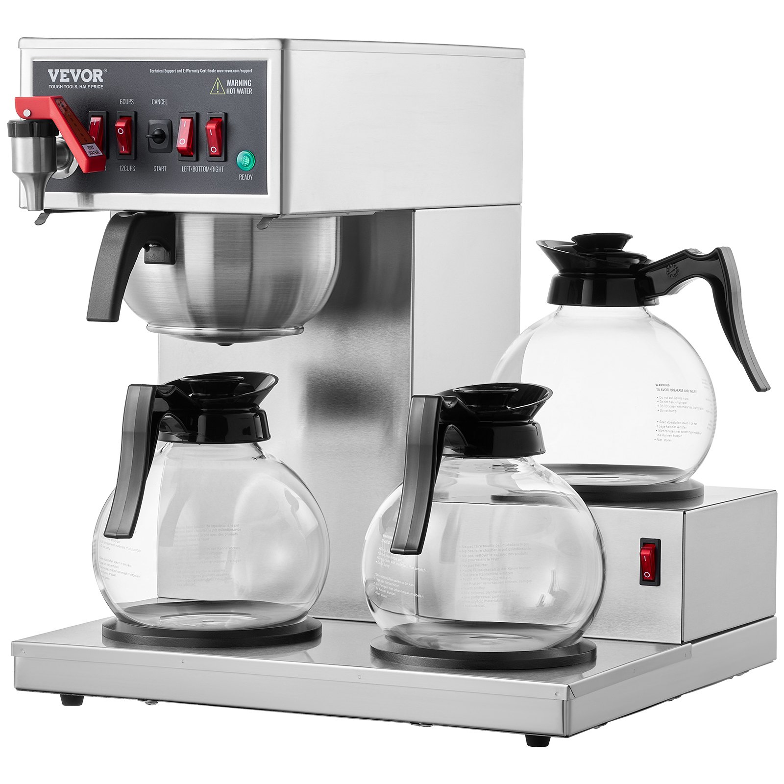 VEVOR 12 Cups Commercial Drip Coffee Maker, Coffee Maker Machine with 3 Glass Carafes and 3 Warmer Plates, Stainless Steel Pour Over Coffee Brewer for Restaurant, Office, Cafe