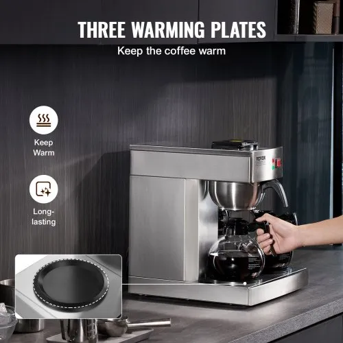 VEVOR 12 Cups Commercial Drip Coffee Maker, Coffee Maker Machine with 3  Glass Carafes and 3 Warmer Plates, Stainless Steel Pour Over Coffee Brewer  with Auto Water Intake, for Restaurant Office Cafe | VEVOR US