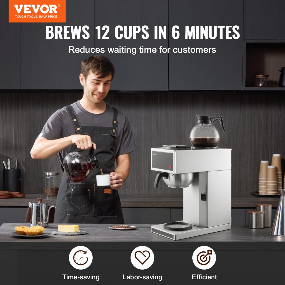 VEVOR Commercial Drip Coffee Maker, 12 Cups Coffee-Maker Machine with 2 Glass Carafes and 2 Decanter Warmer Plates, Stainless Steel Drip Style Coffee Brewer, for Restaurant, Office, Coffee Shop & Home