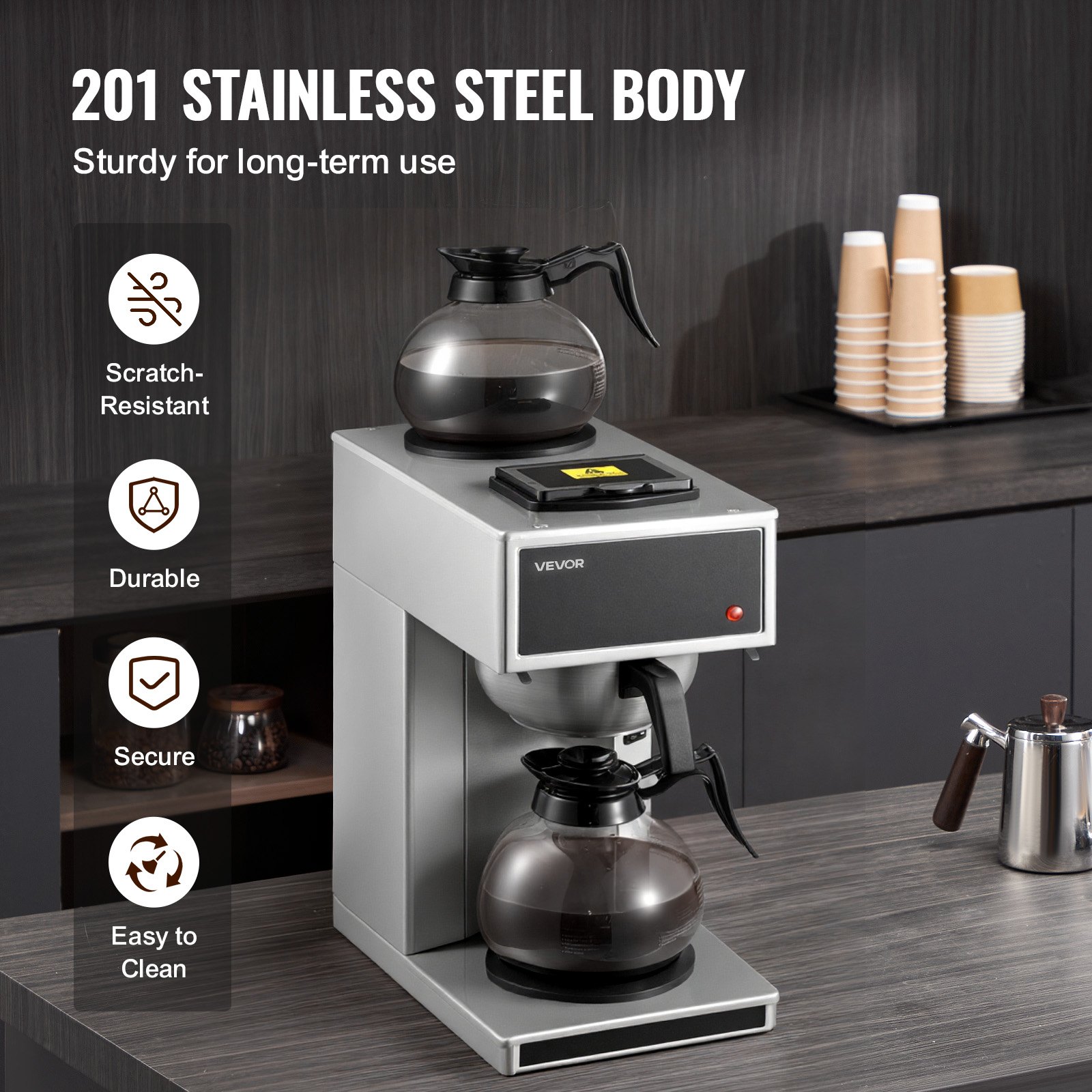 VEVOR Commercial Drip Coffee Maker, 12 Cups Coffee-Maker Machine with 2 Glass Carafes and 2 Decanter Warmer Plates, Stainless Steel Drip Style Coffee Brewer, for Restaurant, Office, Coffee Shop & Home