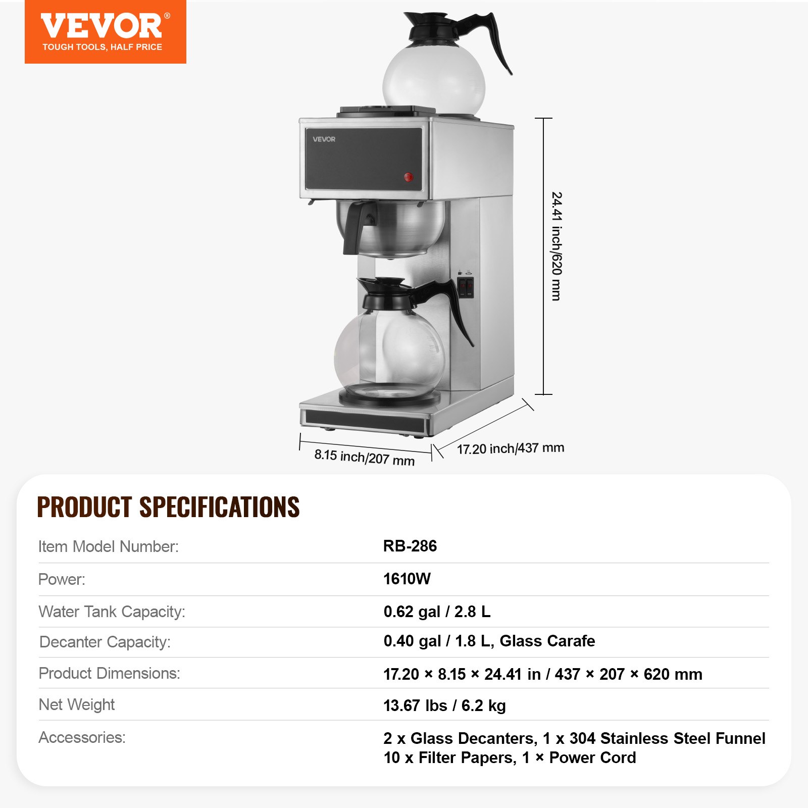 VEVOR Commercial Drip Coffee Maker, 12 Cups Coffee-Maker Machine with 2 Glass Carafes and 2 Decanter Warmer Plates, Stainless Steel Drip Style Coffee Brewer, for Restaurant, Office, Coffee Shop & Home
