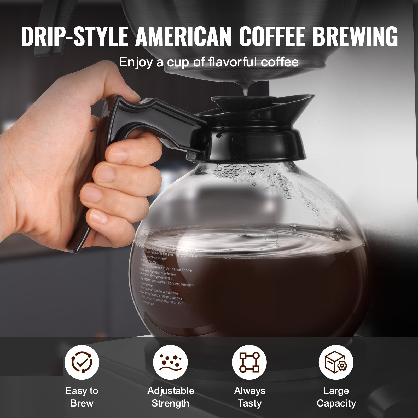 VEVOR Commercial Drip Coffee Maker, 12 Cups Coffee-Maker Machine with 4 Glass Carafes and 4 Decanter Warmer Plates, Stainless Steel Drip Style Coffee Brewer, for Restaurant, Office, Coffee Shop & Home