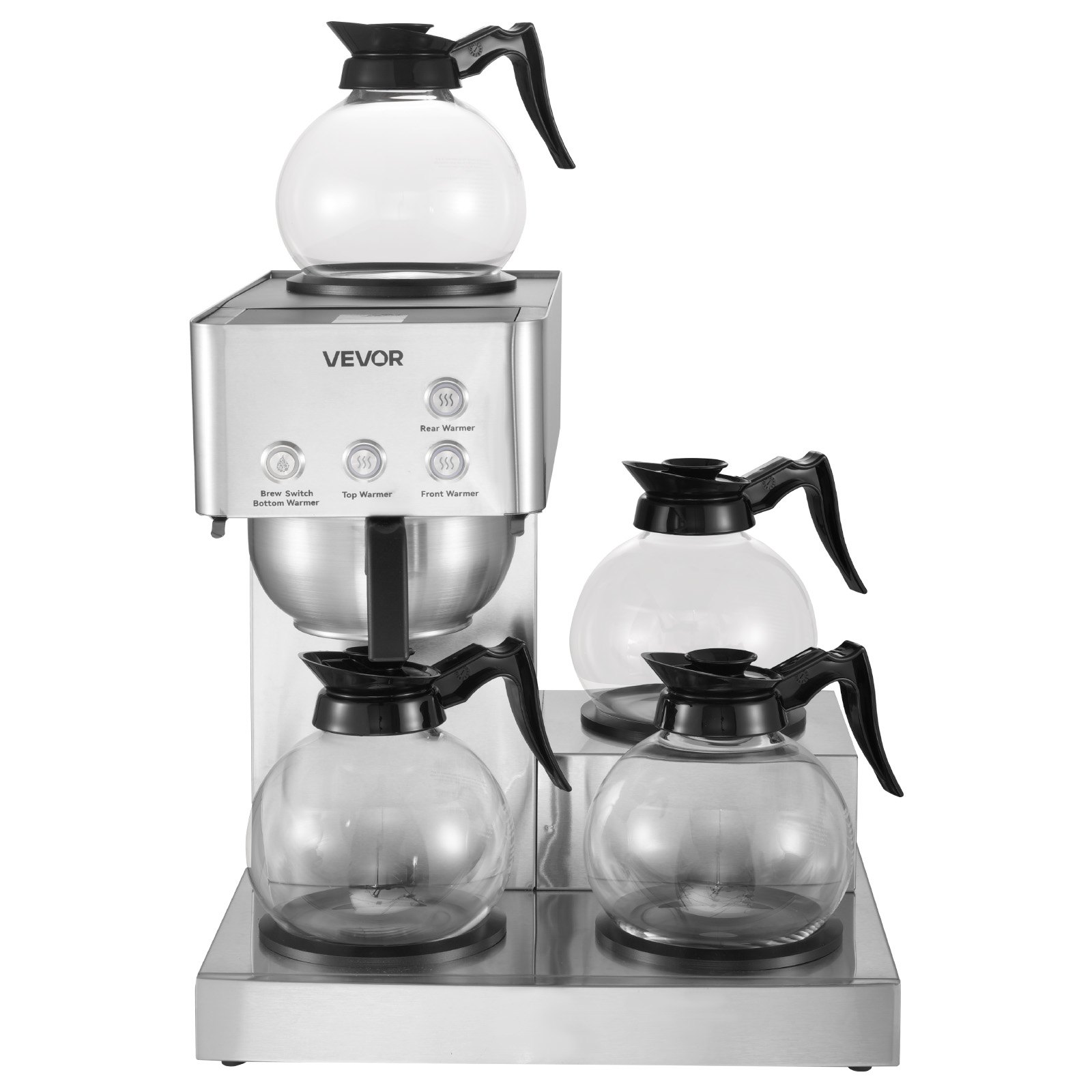 VEVOR Commercial Drip Coffee Maker, 12 Cups Coffee-Maker Machine with 4 Glass Carafes and 4 Decanter Warmer Plates, Stainless Steel Drip Style Coffee Brewer, for Restaurant, Office, Coffee Shop & Home