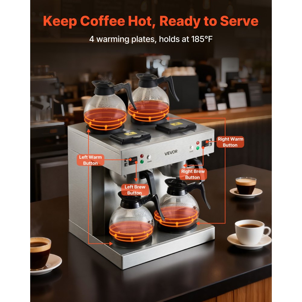 VEVOR Commercial Drip Coffee Maker, 24 Cups Coffee-Maker Machine with 4 Glass Carafes and 4 Decanter Warmer Plates, Stainless Steel Dual-Head Coffee Brewer, for Restaurant, Office, Coffee Shop & Home