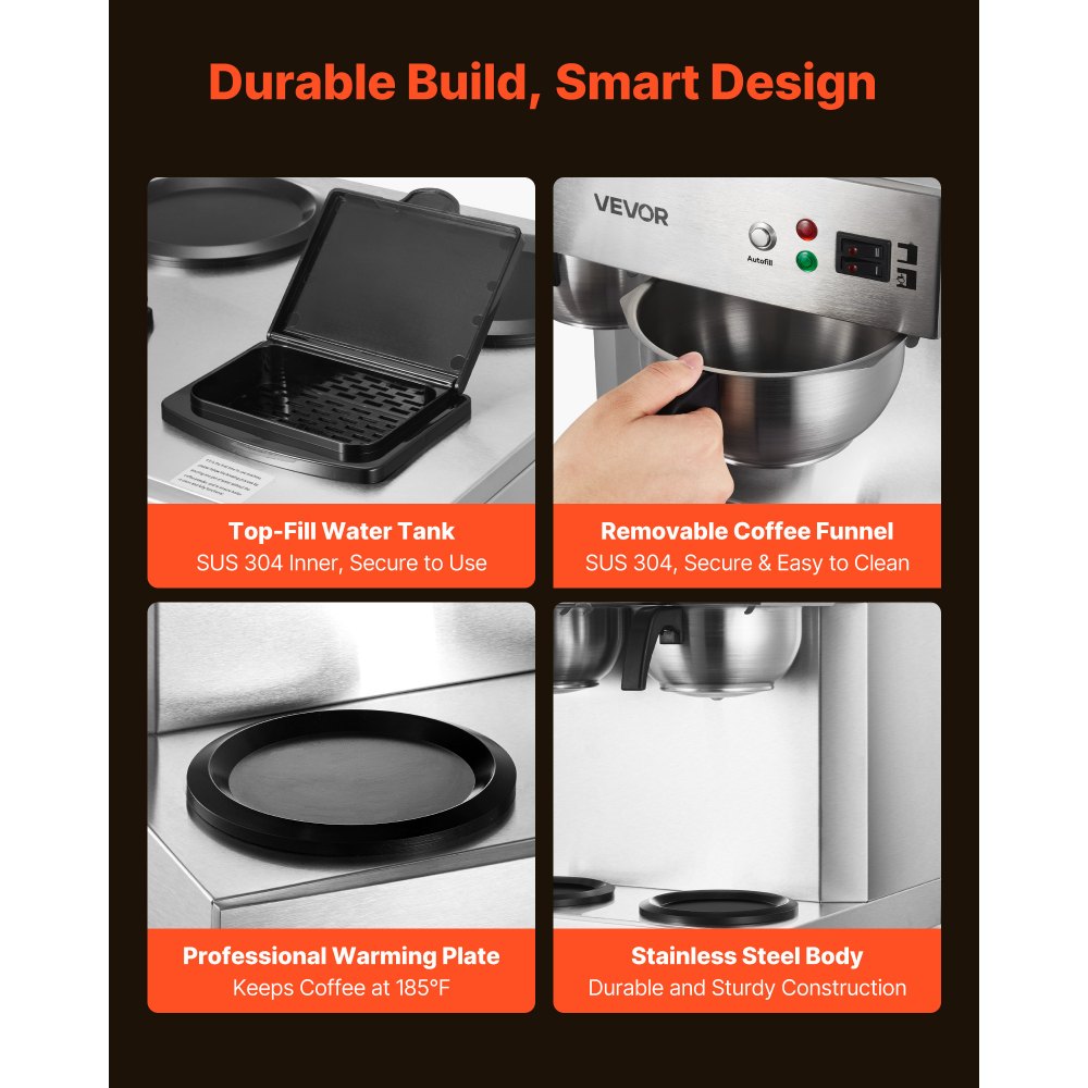 VEVOR Commercial Drip Coffee Maker, 24 Cups Coffee-Maker Machine with 4 Glass Carafes and 4 Decanter Warmer Plates, Stainless Steel Dual-Head Coffee Brewer, for Restaurant, Office, Coffee Shop & Home