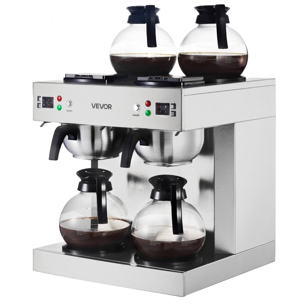 VEVOR Commercial Drip Coffee Maker, 24 Cups Coffee-Maker Machine with 4 Glass Carafes and 4 Decanter Warmer Plates, Stainless Steel Dual-Head Coffee Brewer, for Restaurant, Office, Coffee Shop & Home