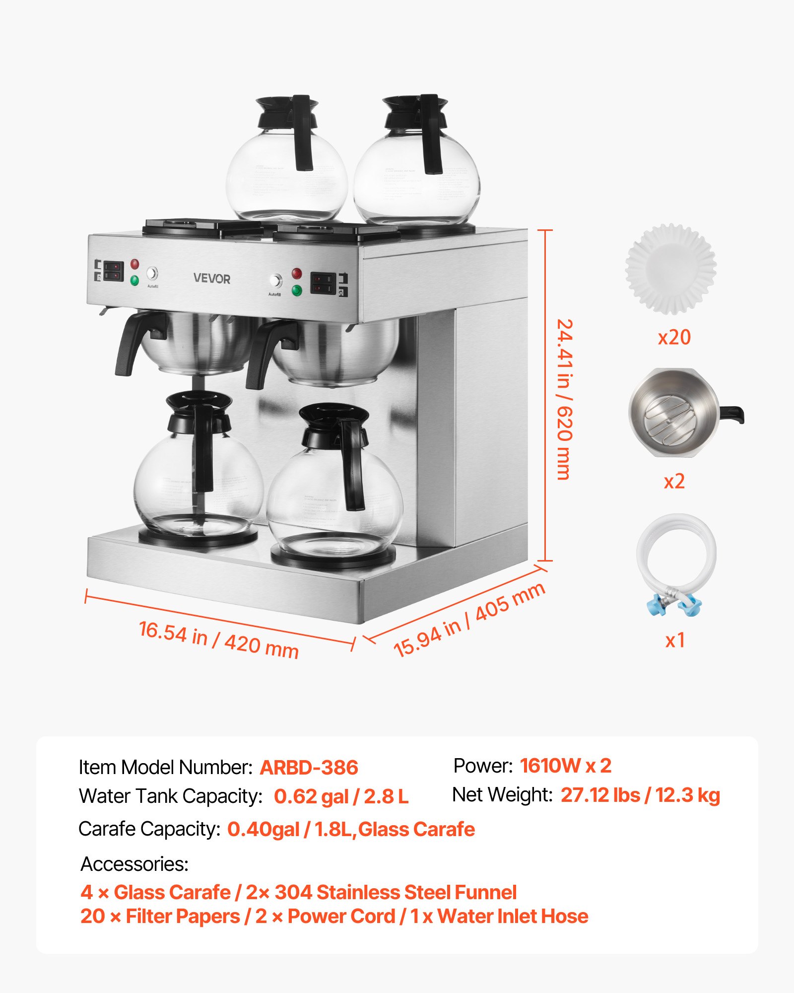 VEVOR Commercial Drip Coffee Maker, 24 Cups Coffee-Maker Machine with 4 Glass Carafes and 4 Decanter Warmer Plates, Stainless Steel Dual-Head Coffee Brewer, for Restaurant, Office, Coffee Shop & Home