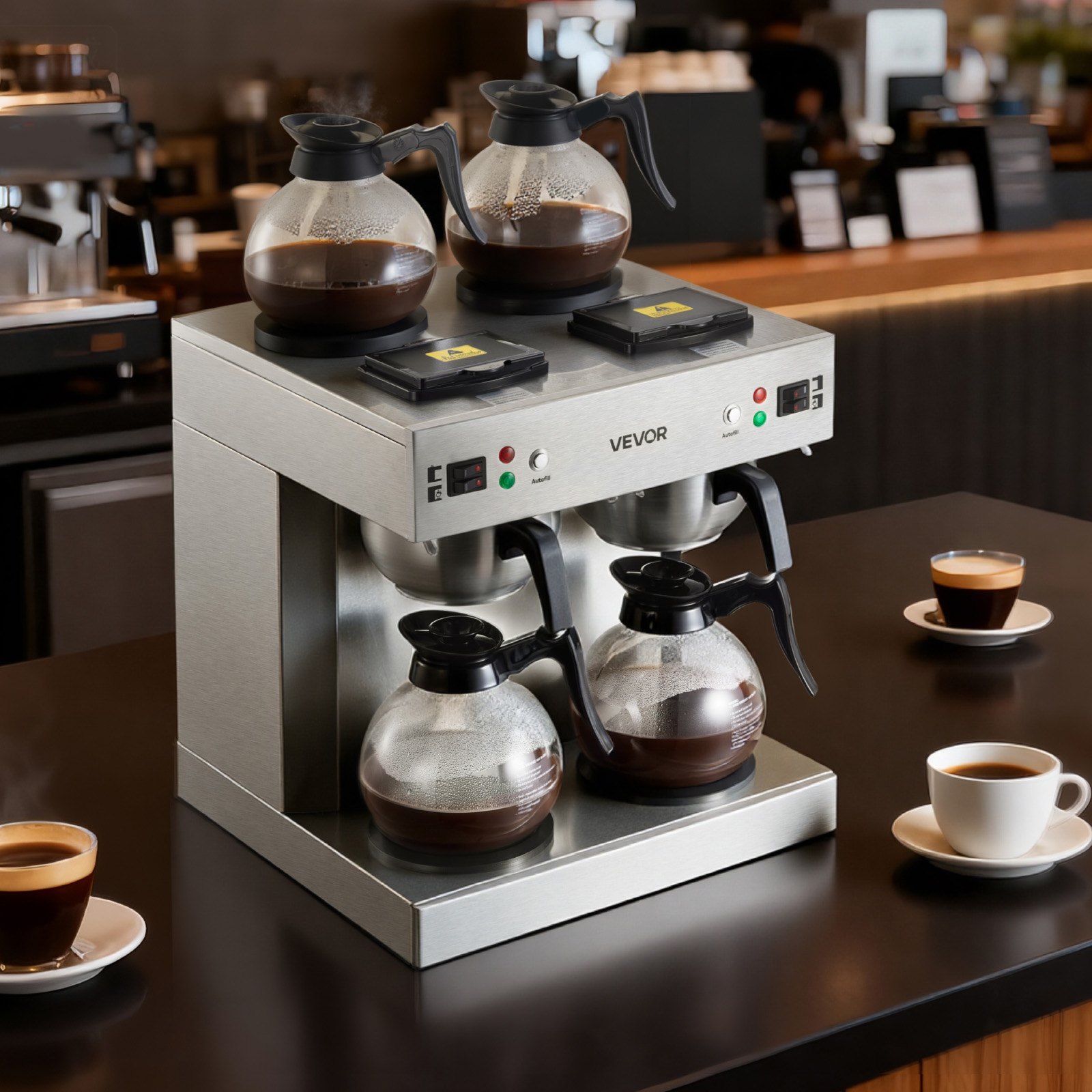 VEVOR Commercial Drip Coffee Maker, 24 Cups Coffee-Maker Machine with 4 Glass Carafes and 4 Decanter Warmer Plates, Stainless Steel Dual-Head Coffee Brewer, for Restaurant, Office, Coffee Shop & Home