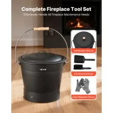 VEVOR Ash Bucket, 4 PCS with Lid, Shovel, Broom and Gloves, Metal Fireplace Charcoal Bucket and Ash Can, 2.6 GAL Large Capacity for Fireplace, Fire Pits, Wood Burning Stoves, Indoor and Outdoor