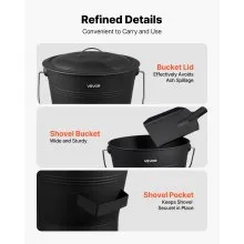 VEVOR Ash Bucket, 4 PCS with Lid, Shovel, Broom and Gloves, Metal Fireplace Charcoal Bucket and Ash Can, 2.6 GAL Large Capacity for Fireplace, Fire Pits, Wood Burning Stoves, Indoor and Outdoor