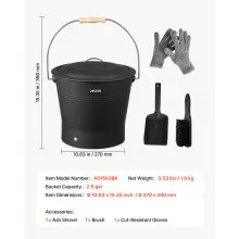 VEVOR Ash Bucket, 4 PCS with Lid, Shovel, Broom and Gloves, Metal Fireplace Charcoal Bucket and Ash Can, 2.6 GAL Large Capacity for Fireplace, Fire Pits, Wood Burning Stoves, Indoor and Outdoor