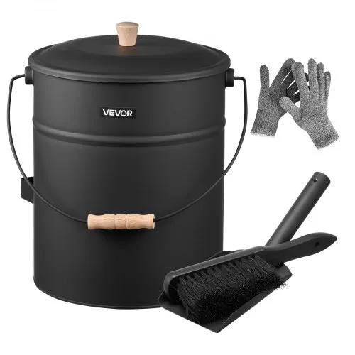 VEVOR Ash Bucket, 4 PCS with Lid, Shovel, Broom and Gloves, Metal Fireplace Charcoal Bucket and Ash Can, 4 GAL Large Capacity for Fireplace, Fire Pits, Wood Burning Stoves, Indoor and Outdoor