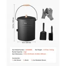 VEVOR Ash Bucket, 4 PCS with Lid, Shovel, Broom and Gloves, Metal Fireplace Charcoal Bucket and Ash Can, 4 GAL Large Capacity for Fireplace, Fire Pits, Wood Burning Stoves, Indoor and Outdoor