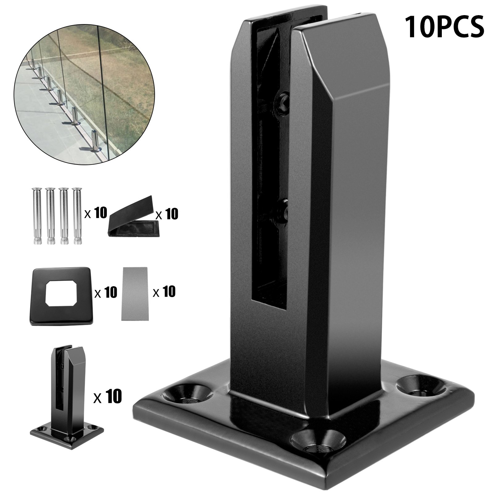 VEVOR Glass Railing Clamp 10PCS, Glass Railing 3.8x3.8x6.3 inch, Glass Clamp 304 Stainless Steel Black, Glass Railing Spigot Glass Thickness 3/10" to 1/2" Balcony, Garden, Deck Handrail, Stair