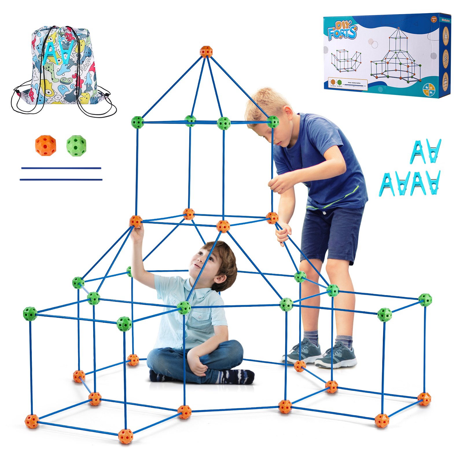 VEVOR Fort Building Kit for Kids, 120PCS STEM Building Toys, Educational Gift for 4 5 6 7 8+ Year Old Boys & Girls, Indoor Outdoor Play Tent Builder Set Construction Toys with 80 Rods and 40 Balls