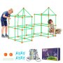 children building a VEVOR tent fort kit with green rods and orange connectors, kit accessories and bag shown.