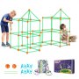 kids building VEVOR tent fort kit with green rods and orange connectors, backpack, and box included.