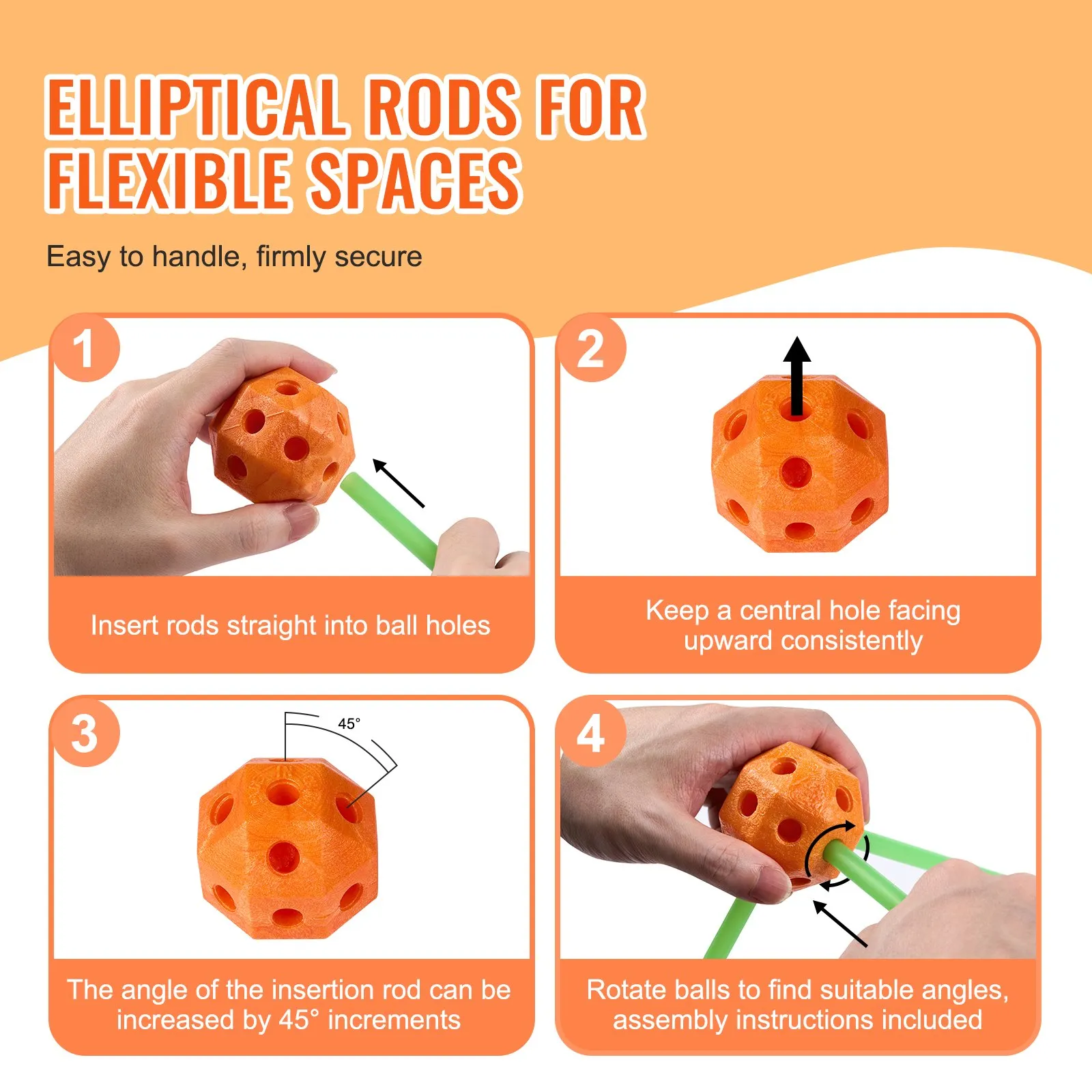 VEVOR tent fort kit assembly instructions: easy rod insertion, central hole alignment, adjustable angles.
