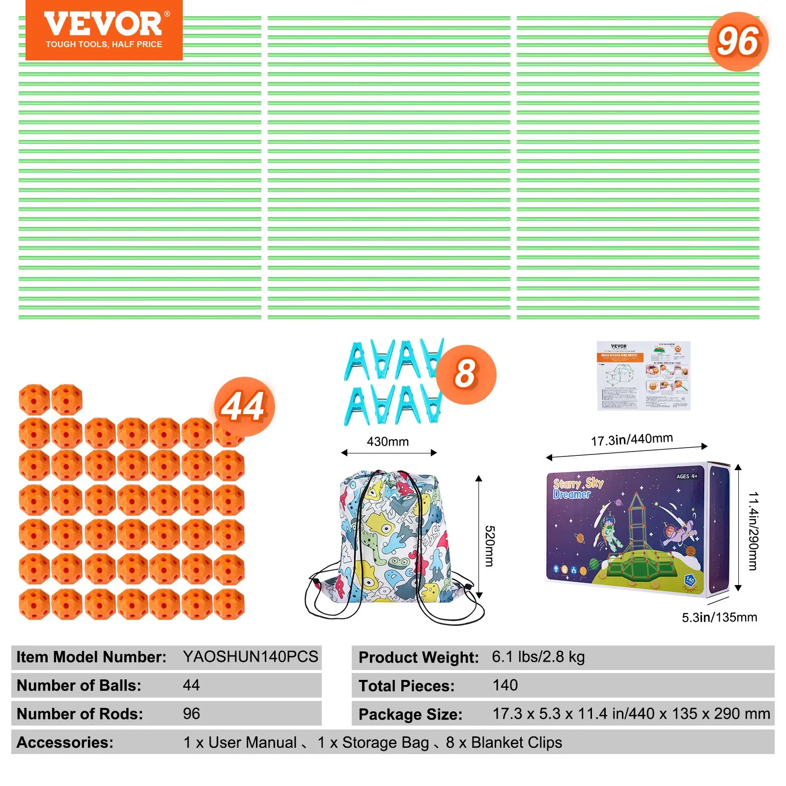 VEVOR tent fort kit with 44 orange balls, 96 green rods, 8 blanket clips, storage bag, and user manual.