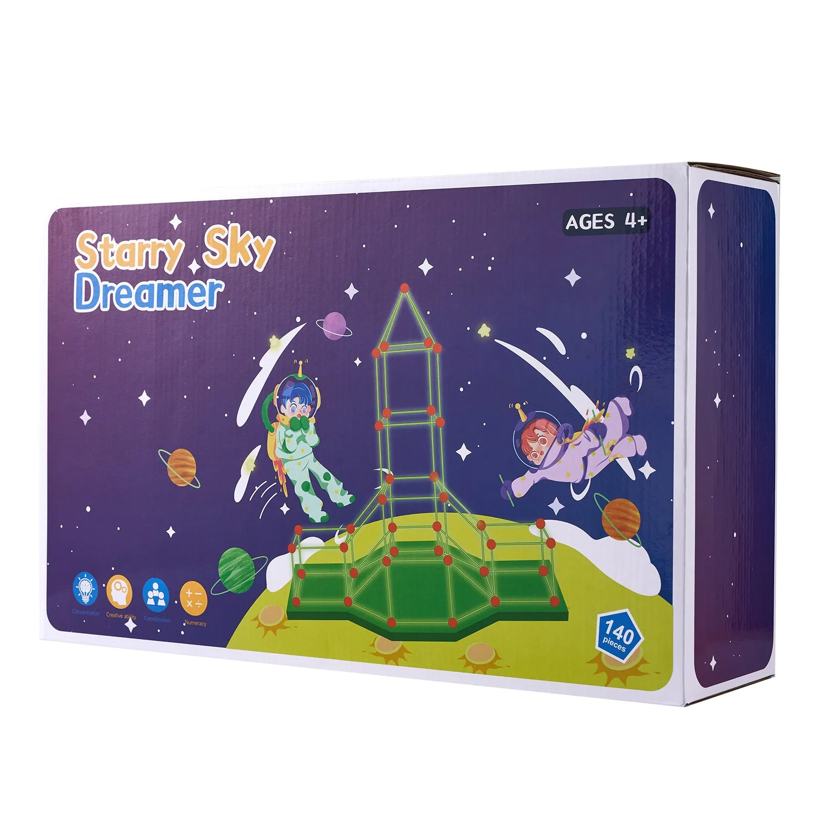 starry sky dreamer VEVOR tent fort kit box with space theme, recommended for ages 4+, 140 pieces.