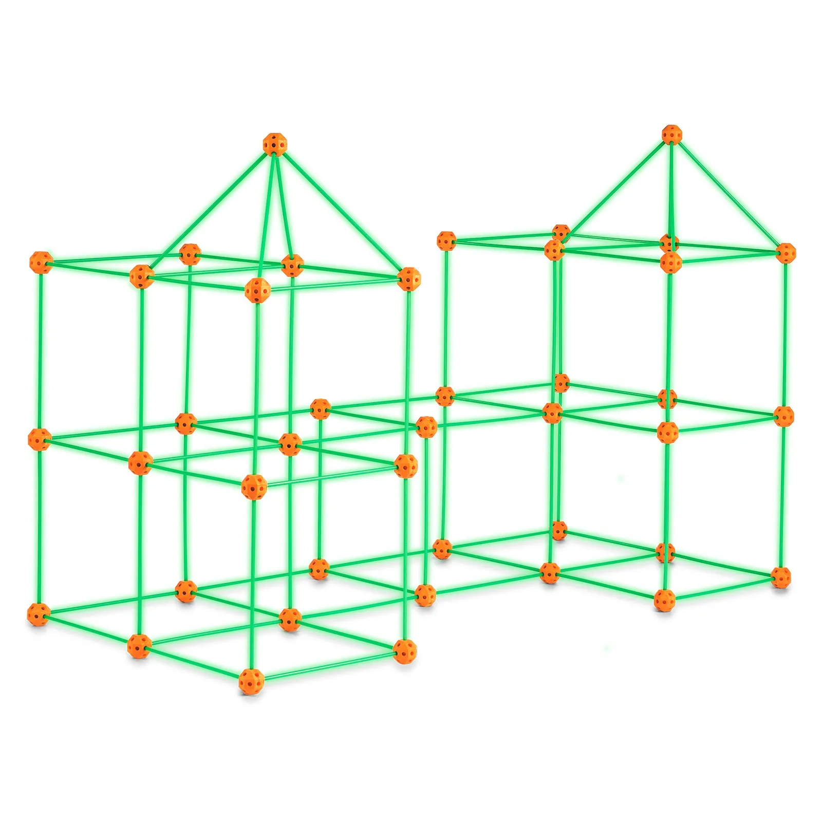 VEVOR tent fort kit with green rods and orange connectors forming two structures with pointed roofs.