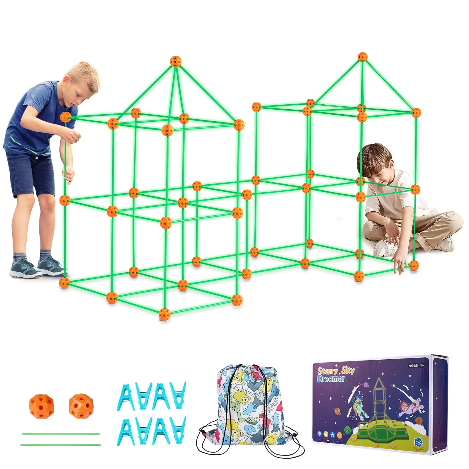 children building a VEVOR tent fort kit with green rods and orange connectors, kit accessories and bag shown.
