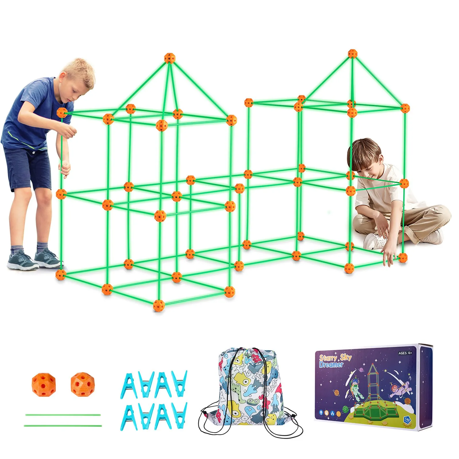 kids building VEVOR tent fort kit with green rods and orange connectors, backpack, and box included.