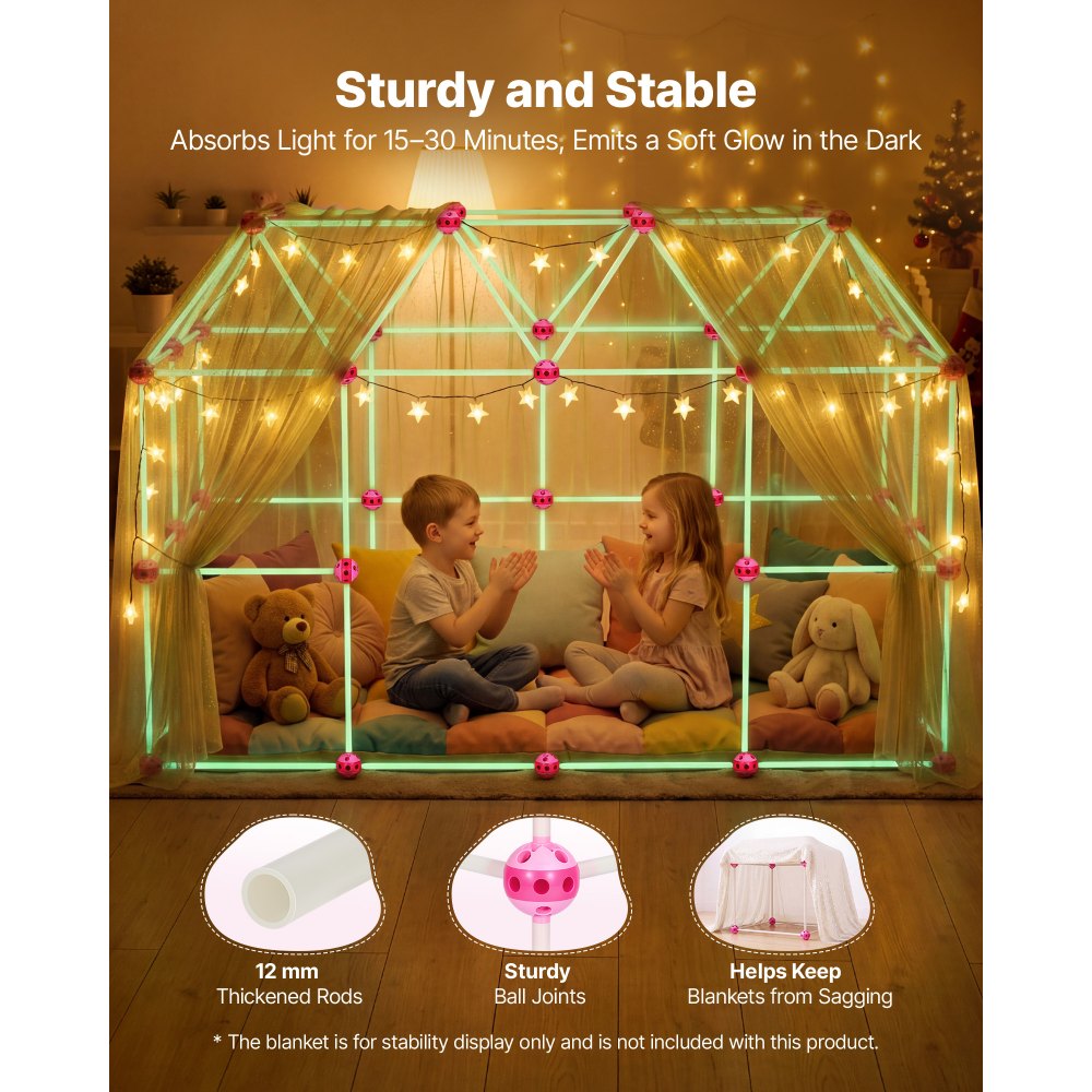 VEVOR Glow-in-the-Dark Fort Building Kit for Kids, 140PCS STEM Builder Toys, for 4 5 6 7 8+ Year Old Boys Girls, Upgraded Balls, Ring & Ball Toss, Educational Activity Indoor Outdoor Play, Storage Bag