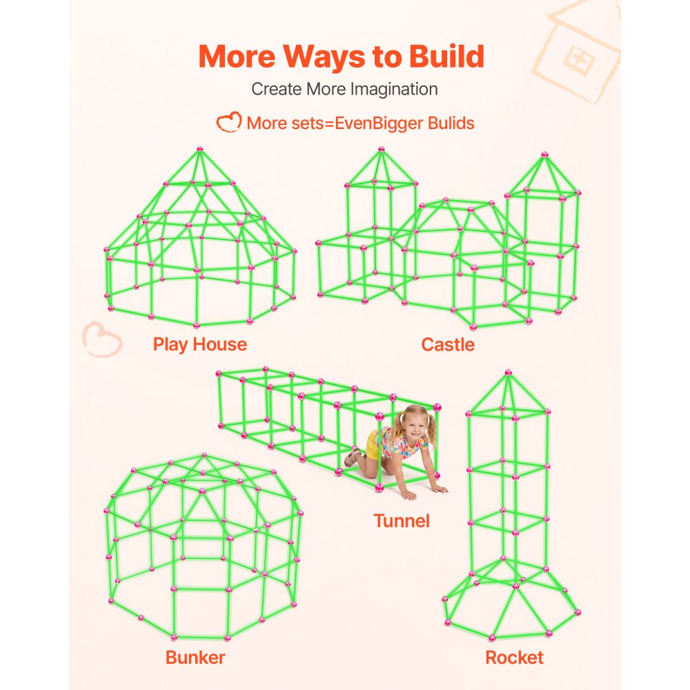 VEVOR Glow-in-the-Dark Fort Building Kit for Kids, 140PCS STEM Builder Toys, for 4 5 6 7 8+ Year Old Boys Girls, Upgraded Balls, Ring & Ball Toss, Educational Activity Indoor Outdoor Play, Storage Bag