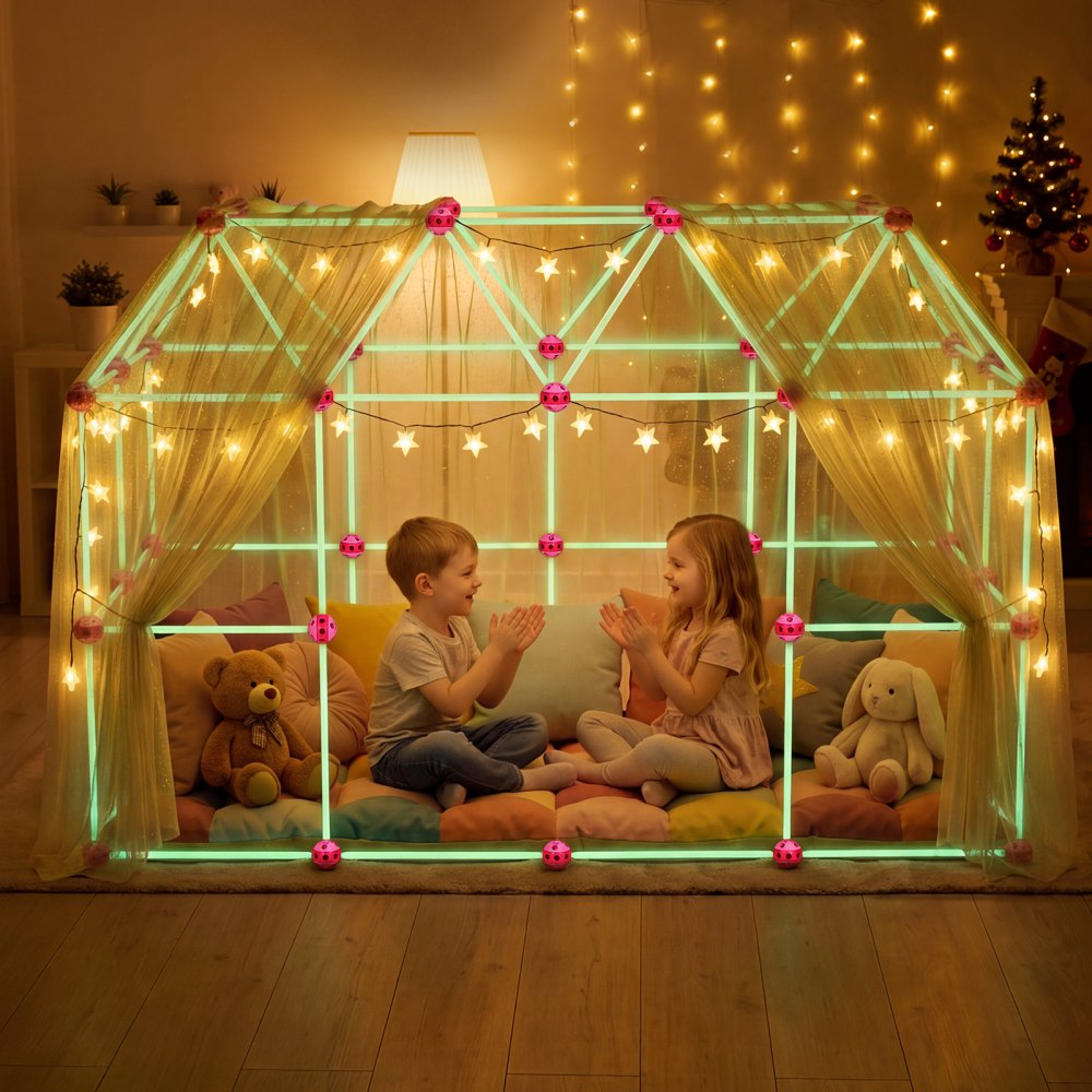 VEVOR Glow-in-the-Dark Fort Building Kit for Kids, 140PCS STEM Builder Toys, for 4 5 6 7 8+ Year Old Boys Girls, Upgraded Balls, Ring & Ball Toss, Educational Activity Indoor Outdoor Play, Storage Bag