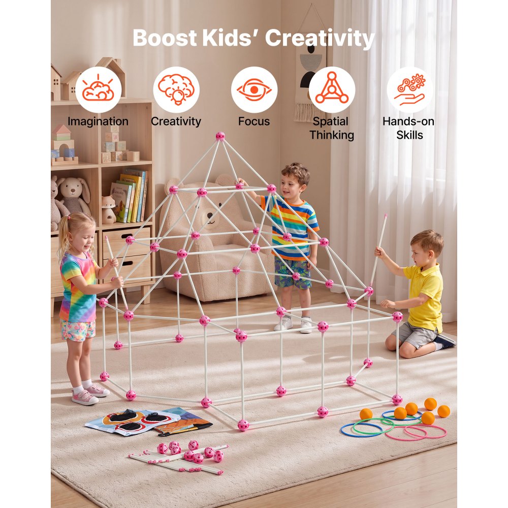 VEVOR Glow-in-the-Dark Fort Building Kit for Kids, 180PCS STEM Builder Toys, for 4 5 6 7 8+ Year Old Boys Girls, Upgraded Balls, Ring & Ball Toss, Educational Activity Indoor Outdoor Play, Storage Bag
